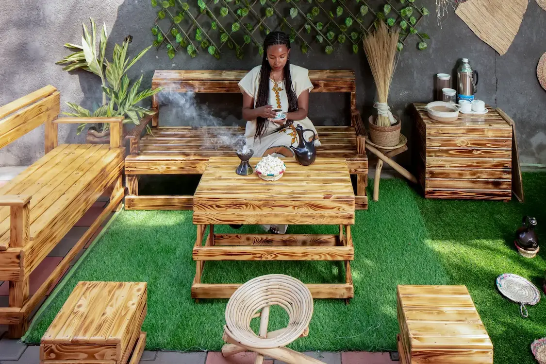 Steps of traditional Ethiopian coffee preparation at 7Days Motel